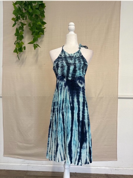 VIDA Dresses & Skirts - VIDA Teal & Navy Tie-Dye Halter Midi Dress with Smocked Bodice